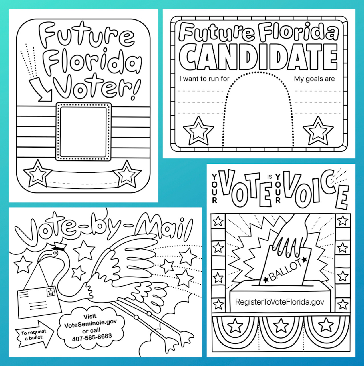 Four nonpartisan coloring pages for the 2024 election in Florida
