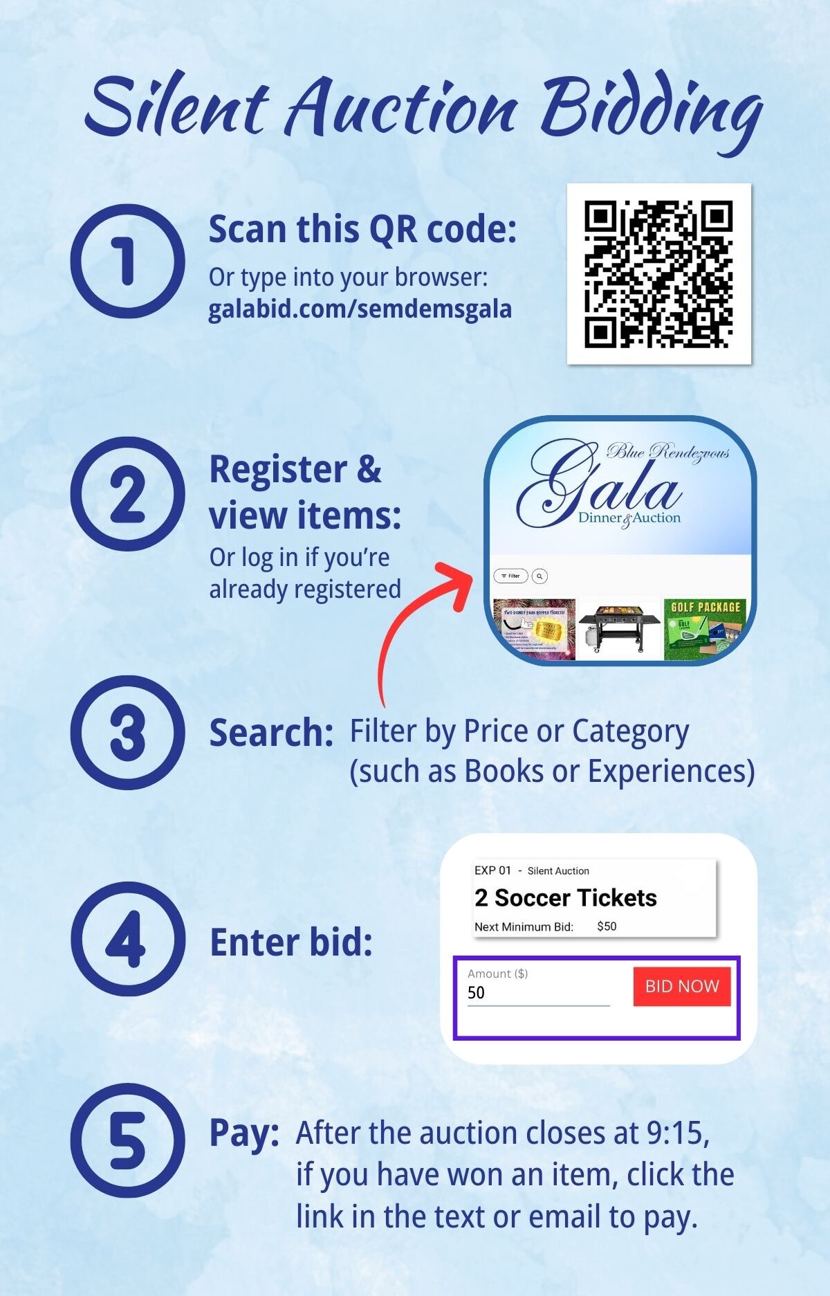 Infographic about how to bid on the SemDems Silent Auction