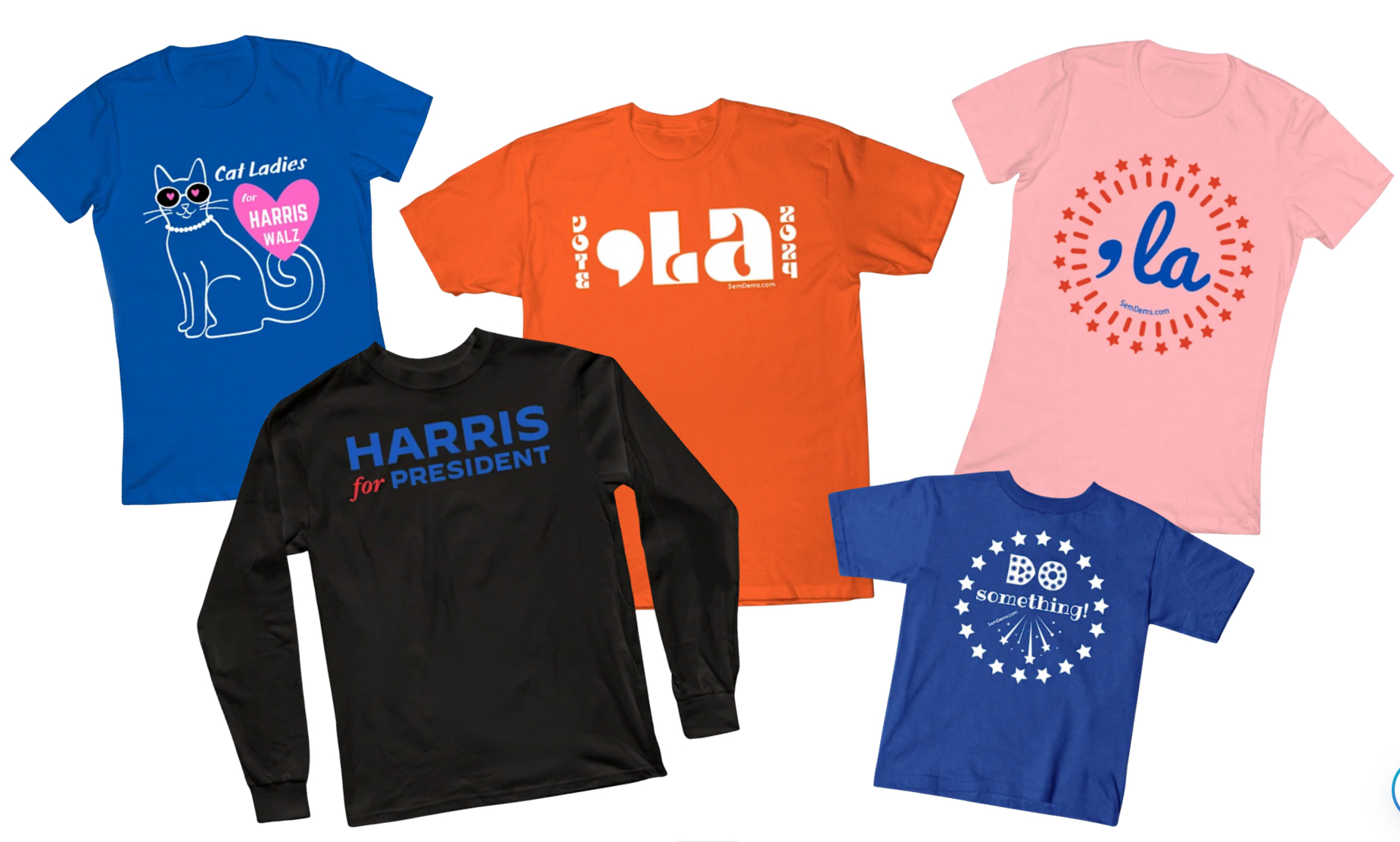 2024 Election T-Shirts with designs to support the Harris-/Walz ticket in a variety of colors