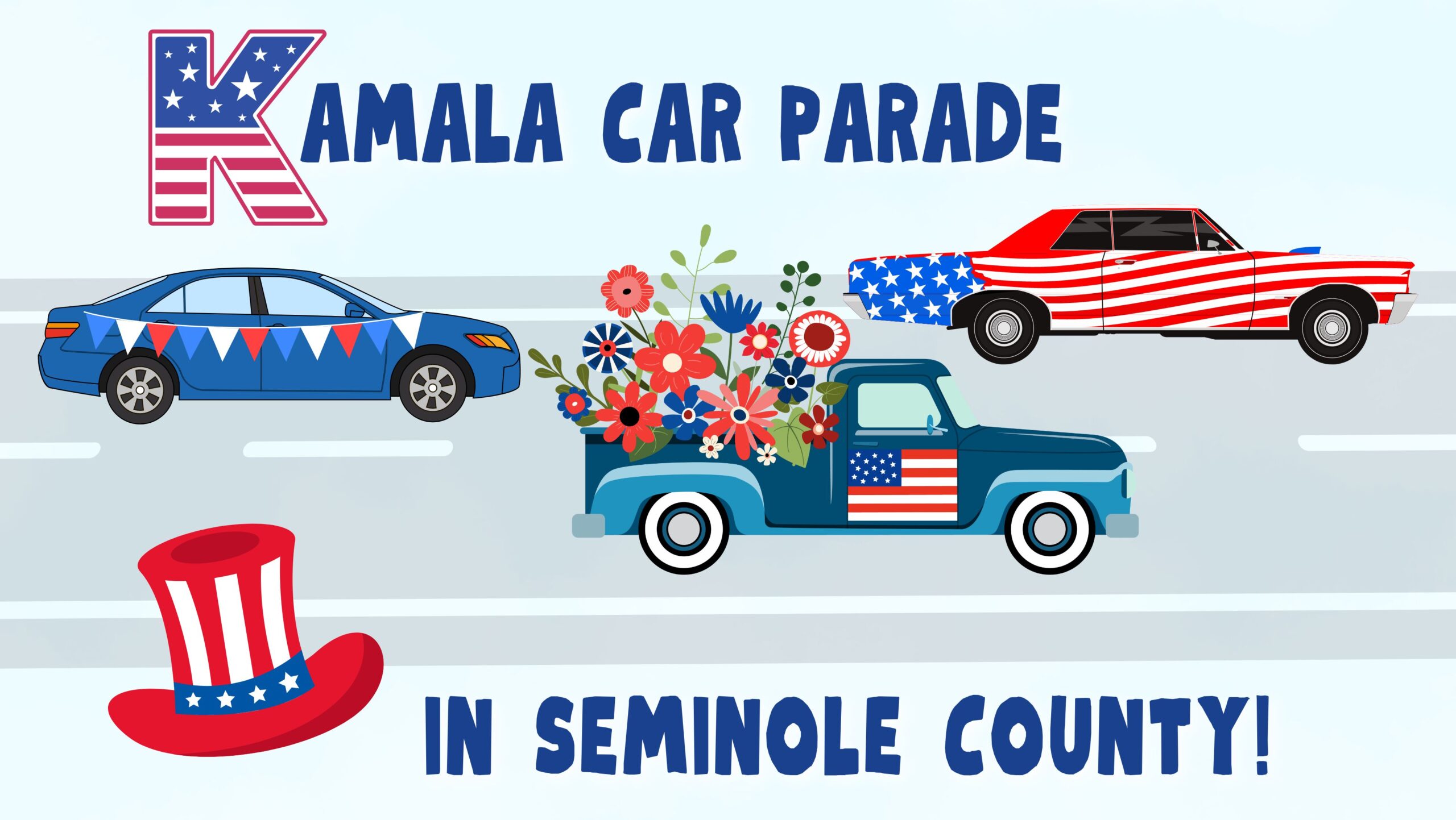Kamala Car Parade Cars decorated in red, white, and blue driving on a road