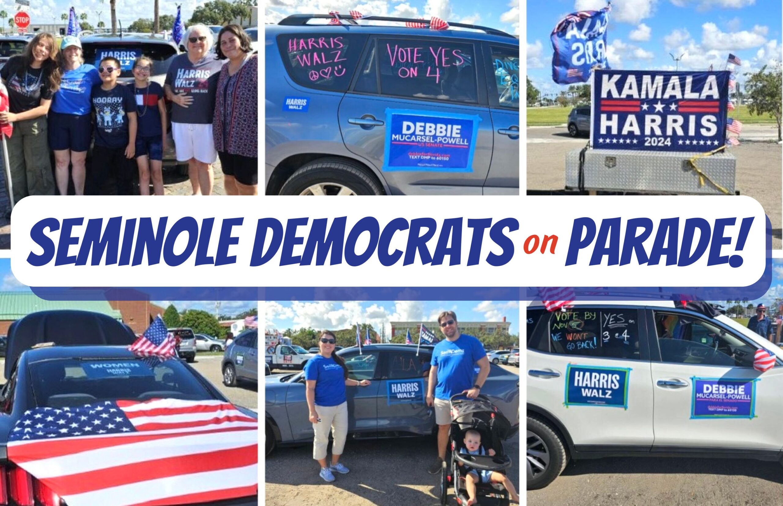 Six photos of people with cars decorated with patriotic and political signs