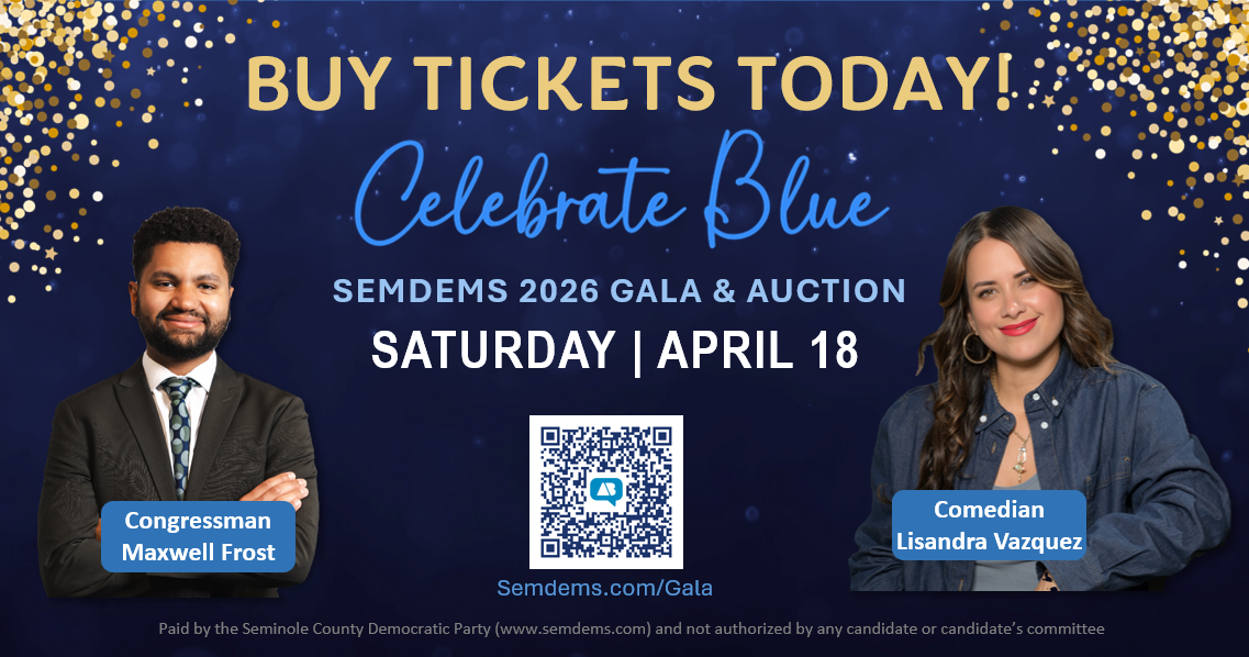 Banner image for the SemDems Gala event featuring Congressman Maxwell Frost and Comedian Lisandra Vazquez