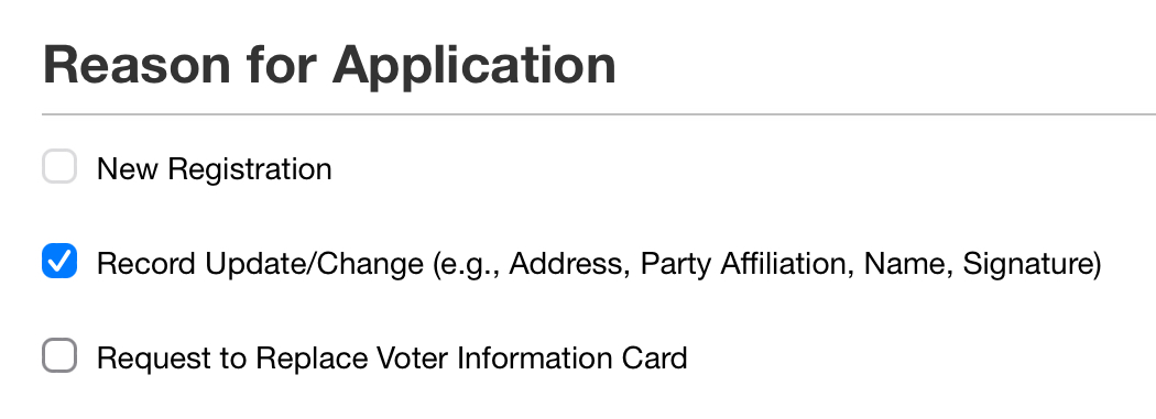 Record Update/Change Reason for Application