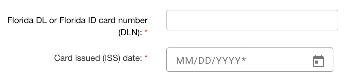 Image of DL or DLN box and Date issued Florida DL or Florida ID card number (DLN)